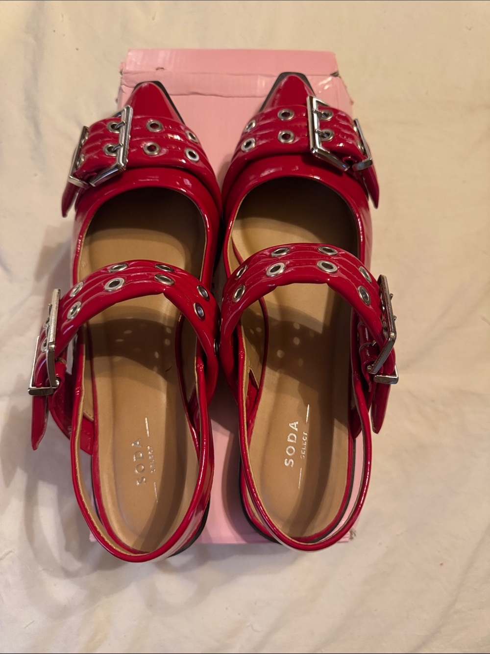 Soda Bright Red Patent Buckle Mary Jane Flats